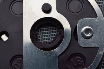 Computer components: hard drive detail close-up, metal parts, detailing