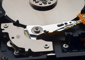 Computer components: hard drive detail close-up, metal parts, detailing