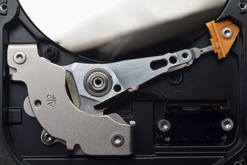 Computer components: hard drive detail close-up, metal parts, detailing