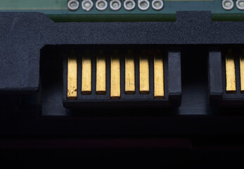 Computer components: hard drive detail close-up, metal parts, detailing