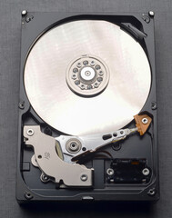 Computer components: hard drive detail close-up, metal parts, detailing