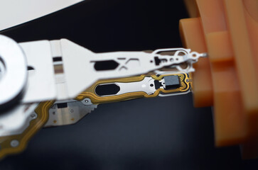 Computer components: hard drive detail close-up, metal parts, detailing
