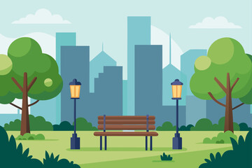 City Park With Artistic Benches And Streetlights