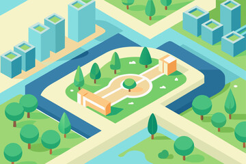 Aerial View Of A Large Urban Park With Multiple Trees