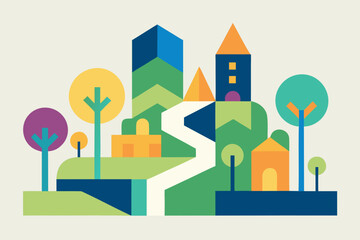Abstract Geometric City Park With Colorful Shapes