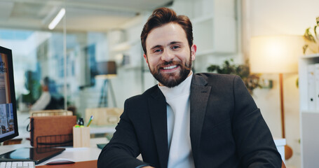 Smile, professional and portrait of businessman in office with confidence for creative career....