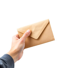 Fototapeta premium Hand holding brown envelope isolated on transparent background