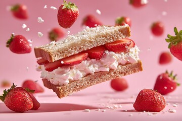 Delicious Strawberry Cream Sandwich in Mid-Air, Perfect for Dessert or Treat, A vibrant, high-key image showcasing two strawberry cream sandwiches suspended in mid-air against a soft pink background.