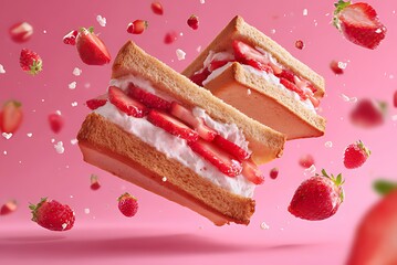 Delicious Strawberry Cream Sandwich in Mid-Air, Perfect for Dessert or Treat, A vibrant, high-key image showcasing two strawberry cream sandwiches suspended in mid-air against a soft pink background.