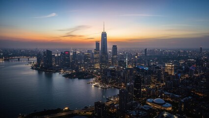 Obraz premium Aerial view of a city skyline at dusk with skyscrapers and a river reflecting city lights