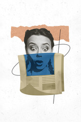 Trend artwork sketch montage 3D collage of portrait shocked face young lady head old newsletter...