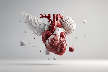 A heart with wings: A surreal, 3D anatomical representation. A 3D model of a heart with detailed anatomical features, adorned with large, flowing wings.