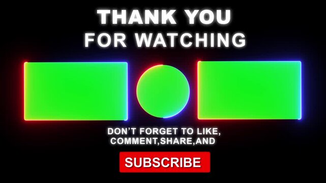 Animated end screen with green screen placeholders for customizable logos and text. Social Media Lower Third YouTube End Screen ,Live Streaming Overlay Subscribe text Animation On Air Neon Glow Sign ,