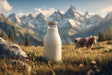 Fresh Alpine Milk Bottle in a Picturesque Meadow, A glass milk bottle, decorated with a blue floral pattern, sits amidst lush green grass in a serene alpine meadow.