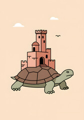 Cartoon turtle with a castle on its shell, surrounded by a soft pastel background, showcasing a whimsical and imaginative scene of fantasy and adventure