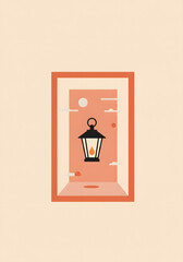 Minimalist flat illustration of a lantern hanging in a window frame, surrounded by soft clouds and abstract shapes, creating a warm and inviting atmosphere for design purposes