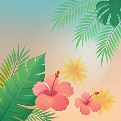 Illustration of pink hibiscus flowers and lush green tropical leaves against a vibrant orange and blue background