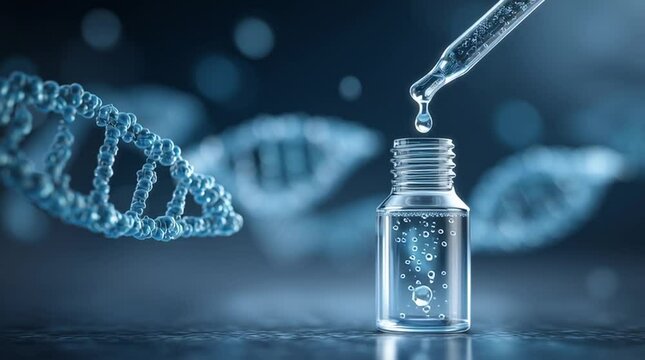 Radiant Serum in Glass Dropper Bottle with Droplet Release and DNA Abstract Background