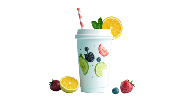 Colorful Fruit Smoothie With Citrus Slices and Berries in a Cup with a Straw and Mint Garnishing Isolated Transparent Background
