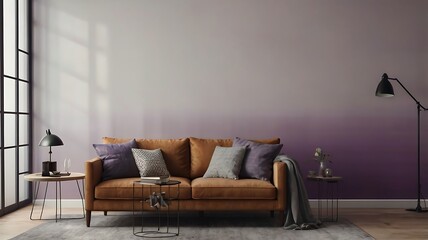 Modern living room interior with a brown leather sofa against a purple gradient wall