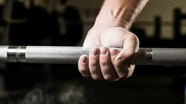 Close up sequence showing a lifter gripping a barbell with chalk dust enhancing grip strength and