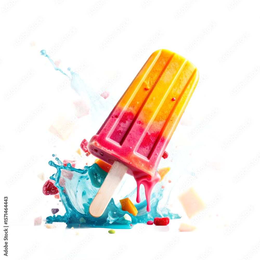 Poster colorful popsicle with splash effect and assorted fruit against transparent background isolated tran