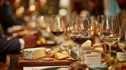 Glasses of red and white wine are placed near a cheese platter with crackers on a table during a wine tasting event, creating a sophisticated and social atmosphere