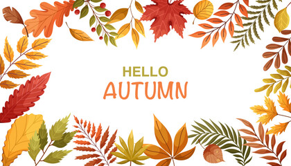 Vector seasonal background hello autumn with colorful leaves, branches and plants. Fall season frame. Thanksgiving design.Vector illustration for greeting card, poster, invitations, web, sales.