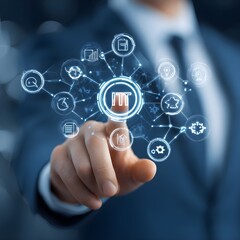  IT Consulting. Businessman holds digital consulting network connecting icon representing IT solutions, focusing on innovation, strategy, optimization, growth, and technology-driven success