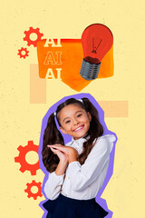 Composite zine pop trend collage of happy preteen schoolgirl stand class gearwheel setting light...