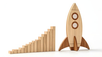 Wooden Rocket and Bar Graph Representing Growth and Success