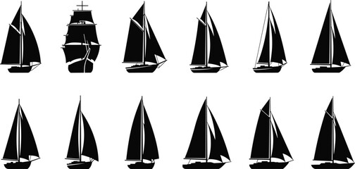 Silhouette collection of different sailing boats, vintage and modern yachts, isolated on white background, nautical transport, black and white clipart