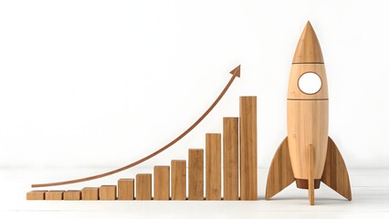 Wooden Rocket And Growth Chart For Business Success Concept