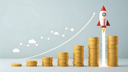 Rocket Launching Above Stacked Coins with Growth Chart on Gray Background