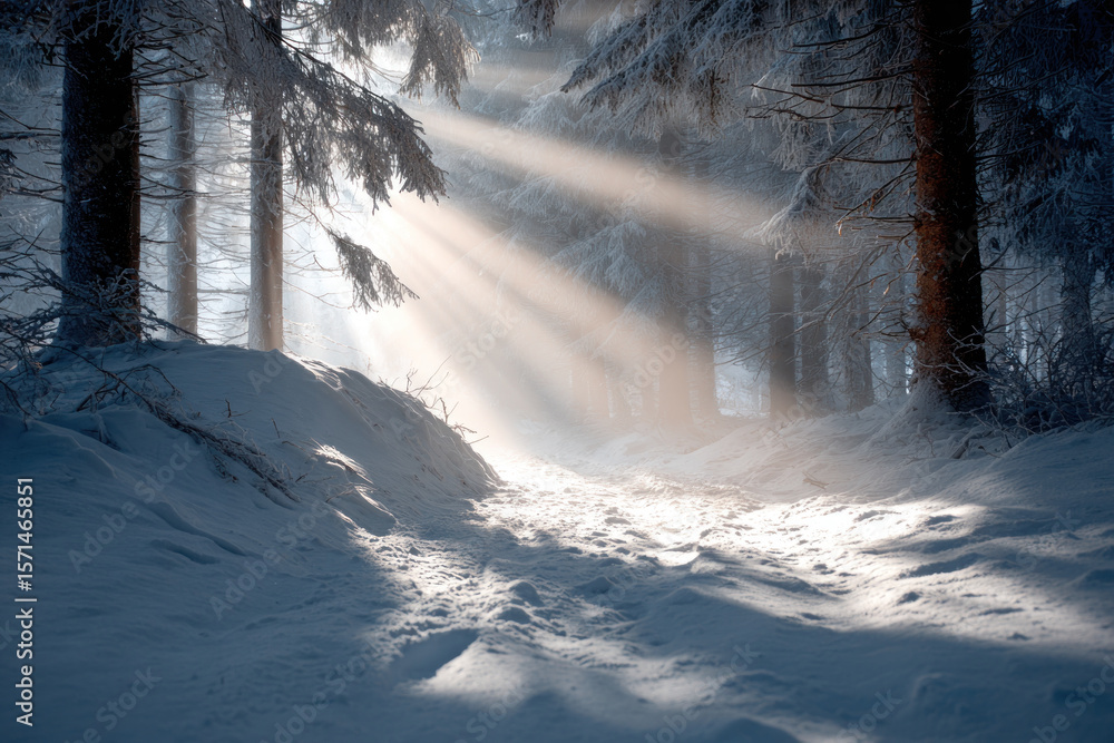 Poster sunlight filters through tall trees in a snowy forest, creating a peaceful and enchanting winter atm