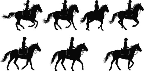 Silhouette of horse riding girl in motion, equestrian activity, black vector artwork, horseback riding posture collection, horse training pose