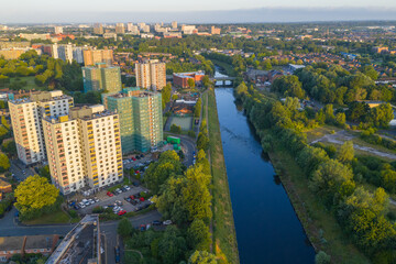 Aerial image over river Irwell in the Blackfriars area of Salford - Greater Manchester UK