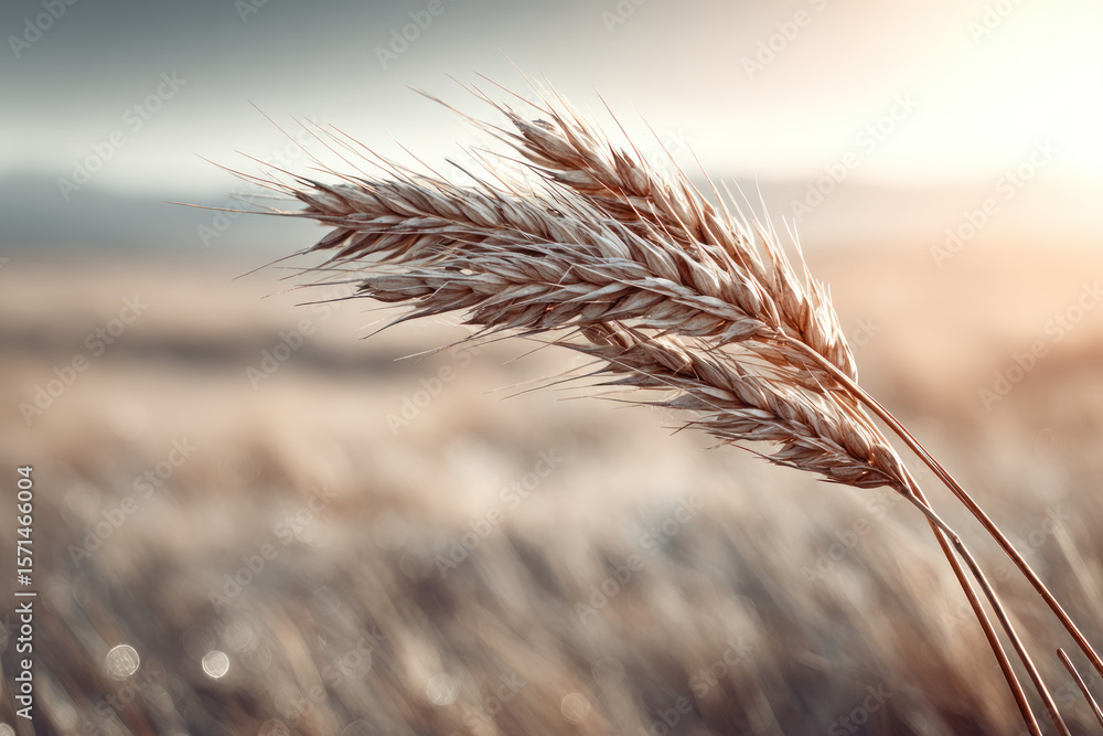 Poster wheat spikes catch the golden light as they sway softly in the evening breeze over a tranquil field