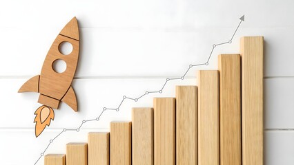 Wooden Rocket Launching Above Growth Chart on White Background