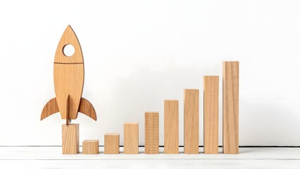 Wooden rocket model with growing bar chart on white background