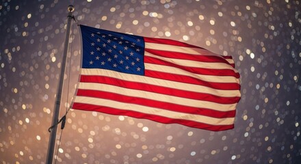 Waving American Flag Under a Starry Night Sky with Bokeh Lights