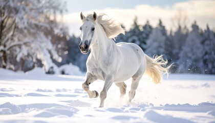 White horse galloping through snowfield &ndash; dynamic and beautiful winter scene/ 雪原を駆け抜ける白馬 &ndash; 躍動感あふれる美しい冬の風景