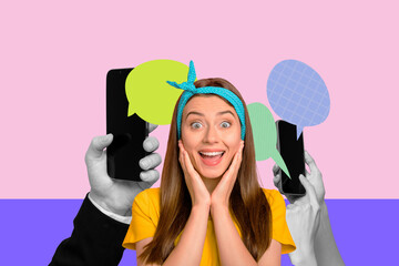 Full 3d poster art collage of happy girl guy stand bubble hands hold phone communication chatterbox...