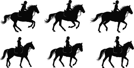 Silhouette set of horse riding girl, equestrian training poses, horseback riding motion illustration, black and white vector clipart design