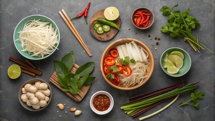 Fresh Ingredients for Asian Cuisine with Herbs and Vegetables