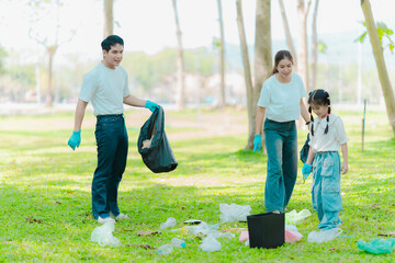 Asian family on summer vacation, parents teaching children to pick up plastic bottles and trash in...
