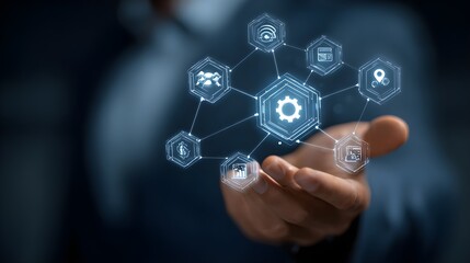IT Consulting. Businessman holds digital consulting network connecting icon representing IT solutions, focusing on innovation, strategy, optimization, growth, and technology-driven success	