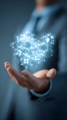 IT Consulting. Businessman holds digital consulting network connecting icon representing IT solutions, focusing on innovation, strategy, optimization, growth, and technology-driven success	