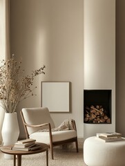 Beige living room with fireplace, armchair, and decor