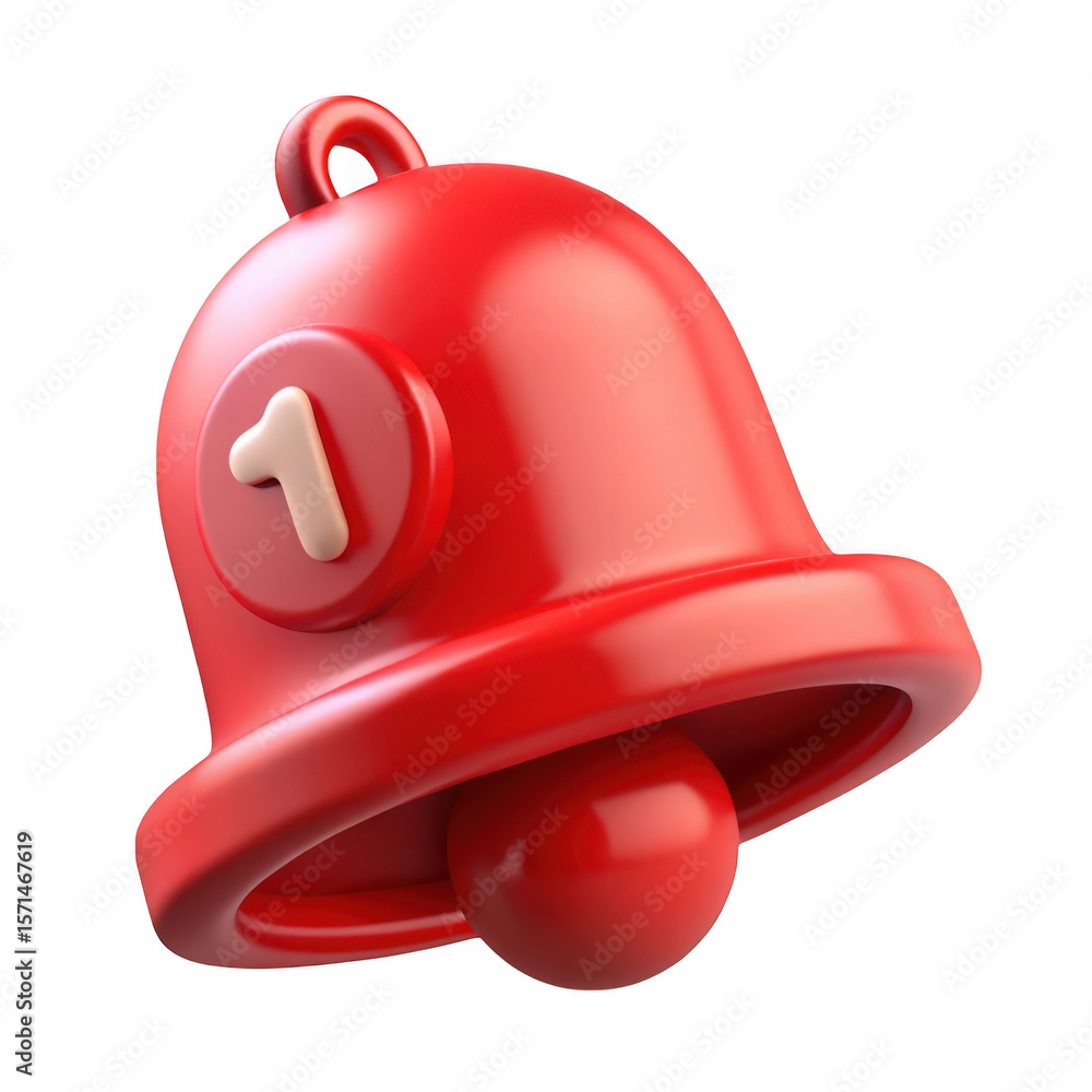 Poster 3d red bell notification icon with one new message isolated on transparent background